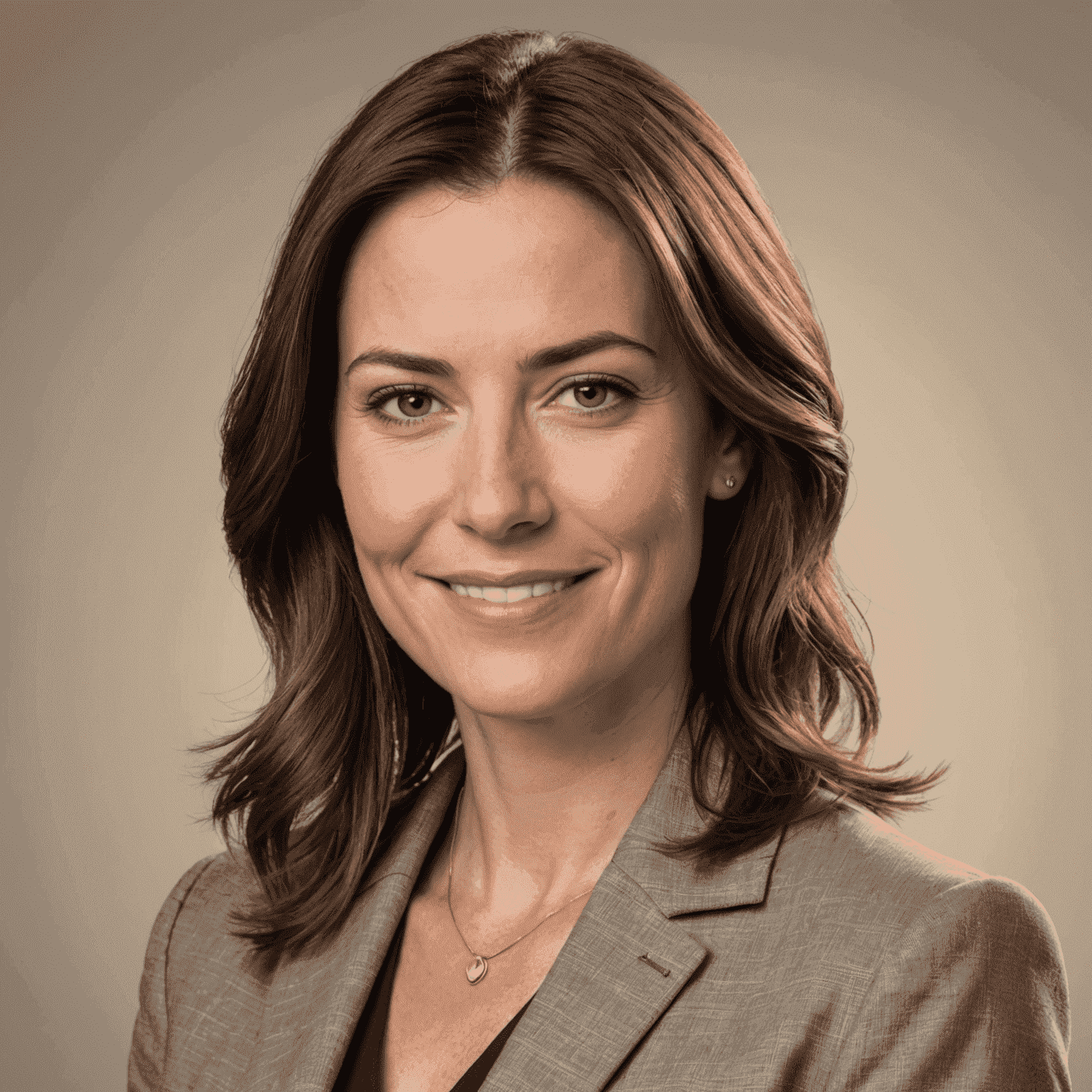 A professional headshot of Emma Laurent, a woman in her mid-30s with shoulder-length brown hair and a warm smile, wearing a stylish blazer against a neutral background