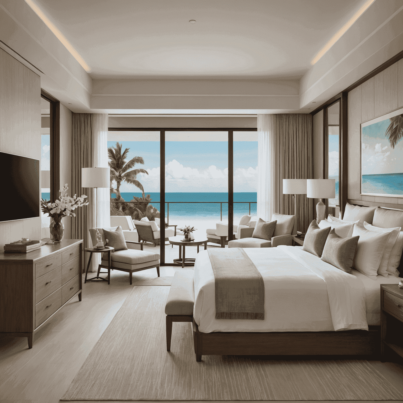 Luxurious hotel suite with a panoramic view of a tropical beach, featuring a king-size bed with crisp white linens, a private balcony, and elegant modern decor in neutral tones