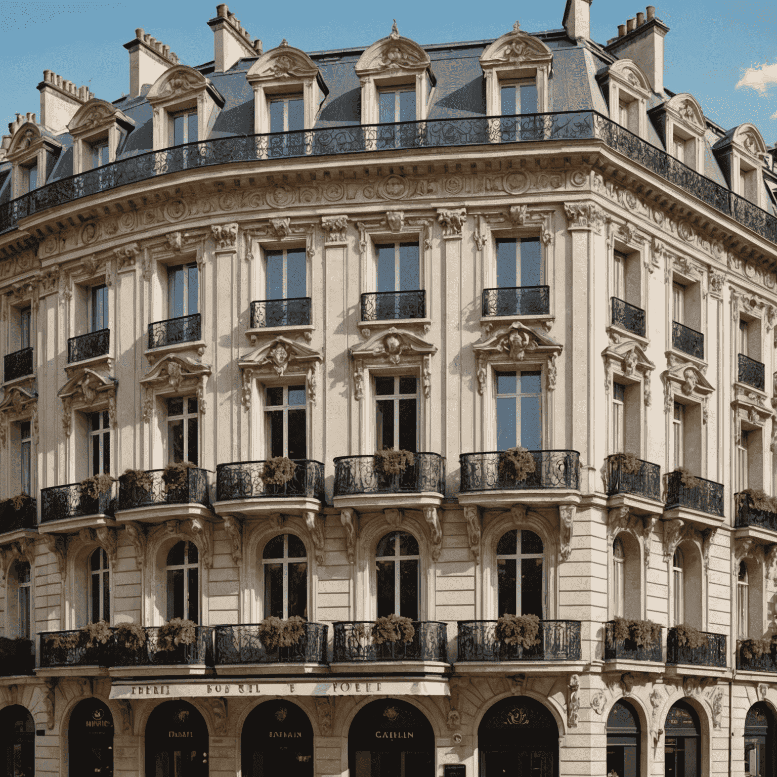 Elegant Parisian hotel facade with ornate balconies and a grand entrance, showcasing classic French architecture