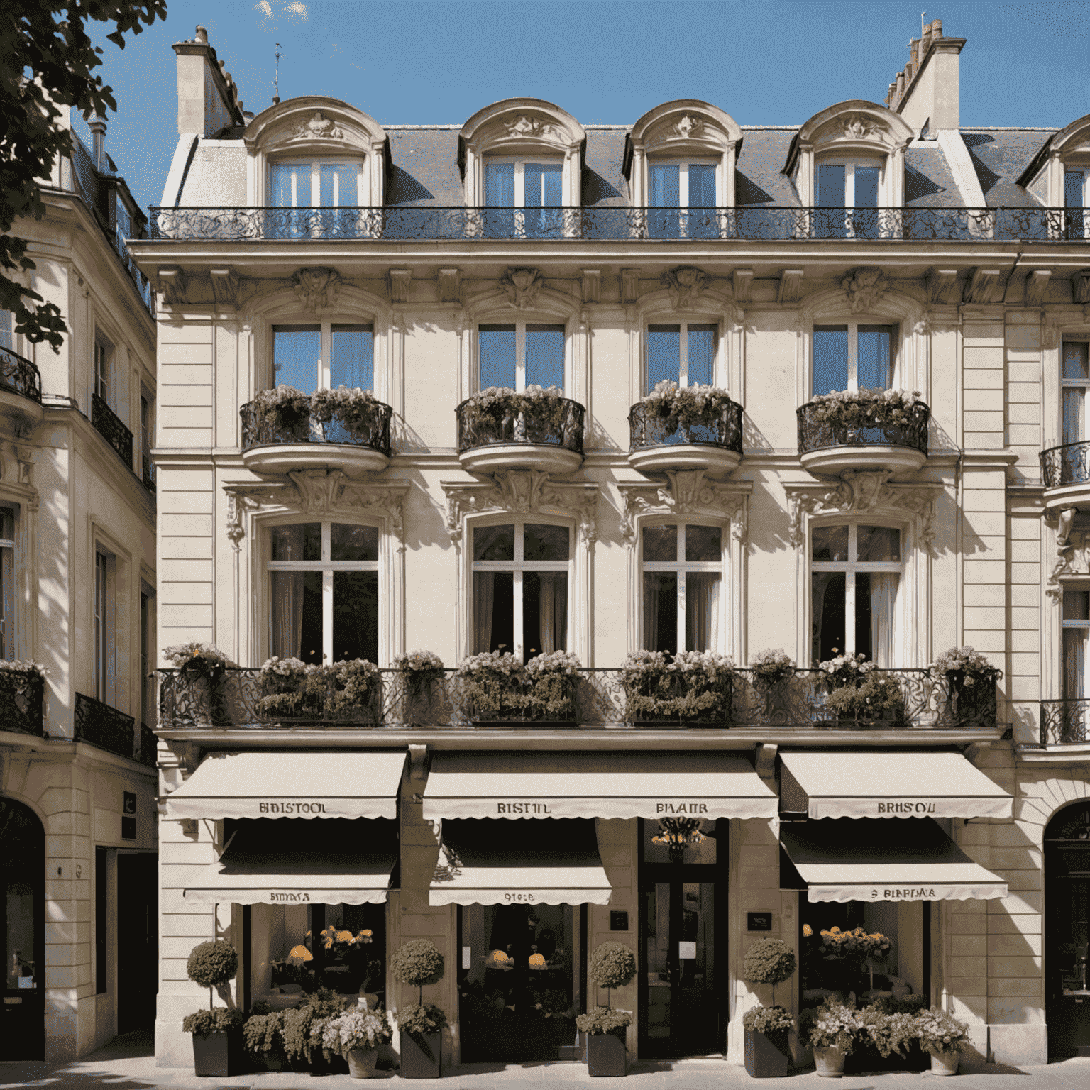 Le Bristol Paris facade with its iconic awnings and flower-adorned balconies