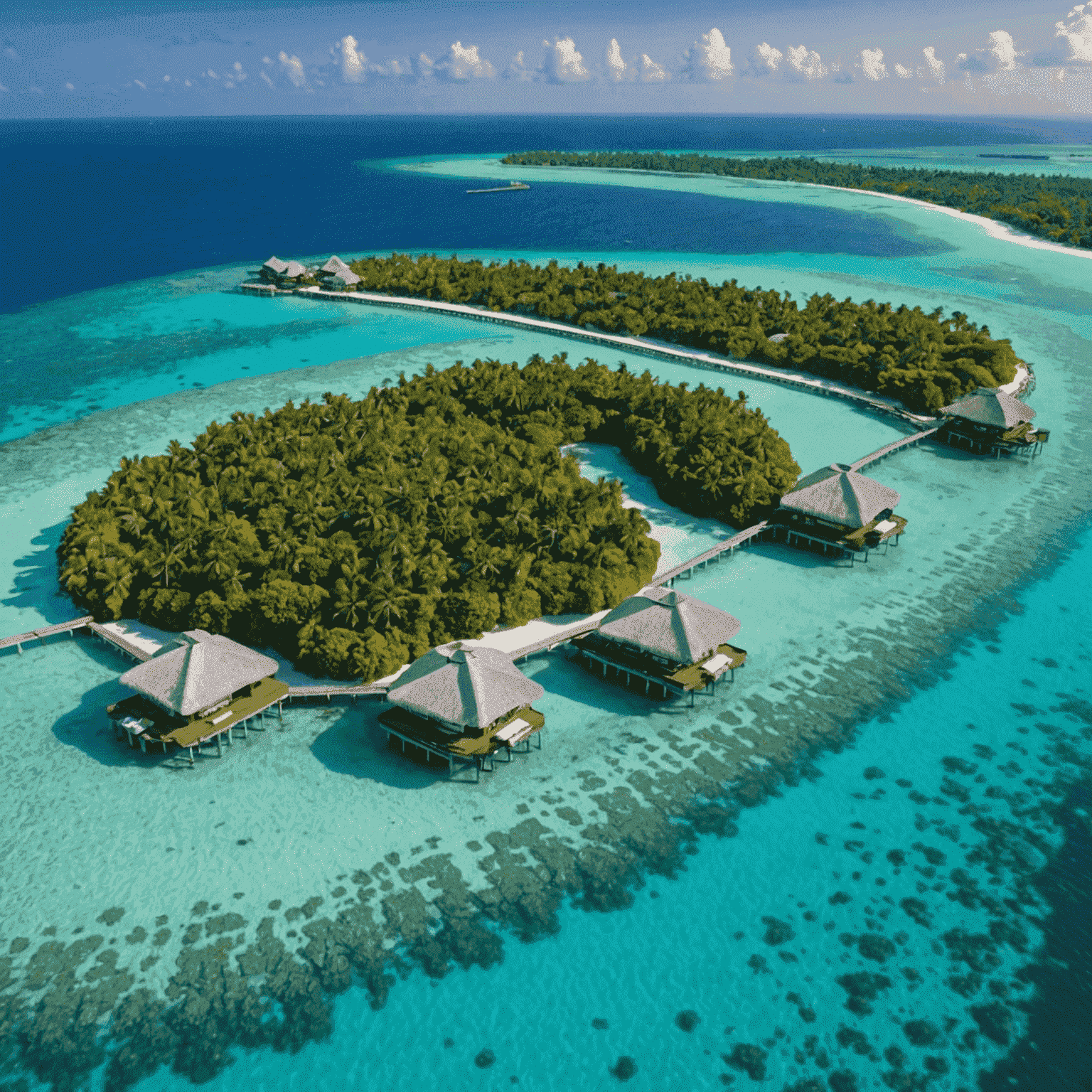 Aerial view of luxurious overwater bungalows in the Maldives, surrounded by crystal clear turquoise waters and coral reefs