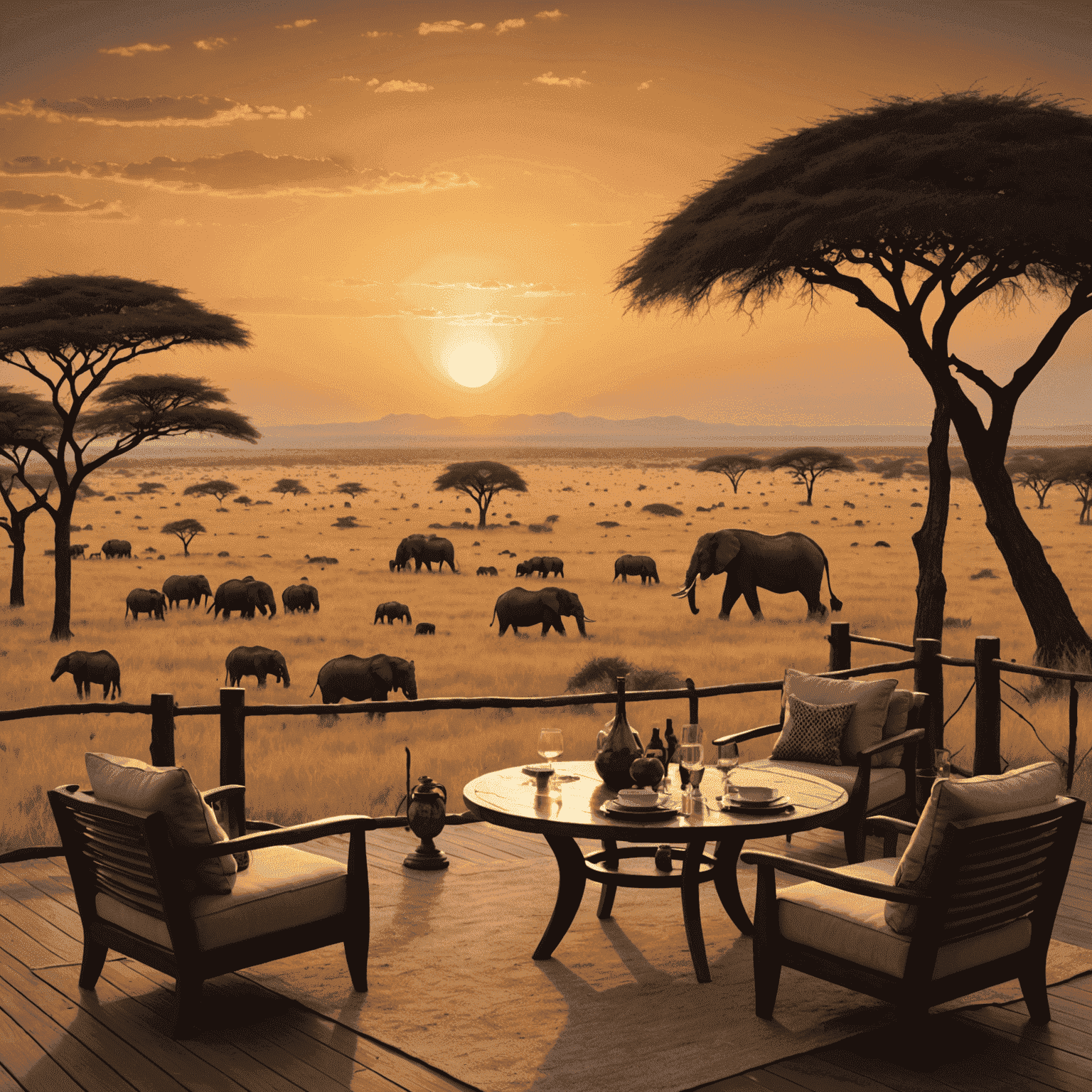 Luxurious safari lodge overlooking a vast African savanna at sunset, with wildlife grazing in the distance