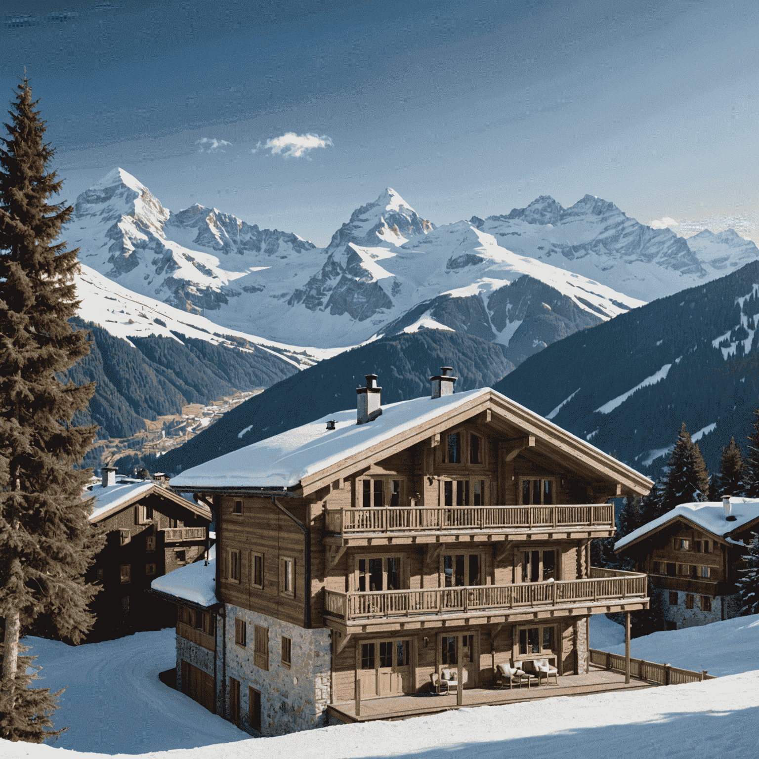 Panoramic view of a luxurious ski chalet nestled in the Swiss Alps, surrounded by snow-capped peaks and pine forests