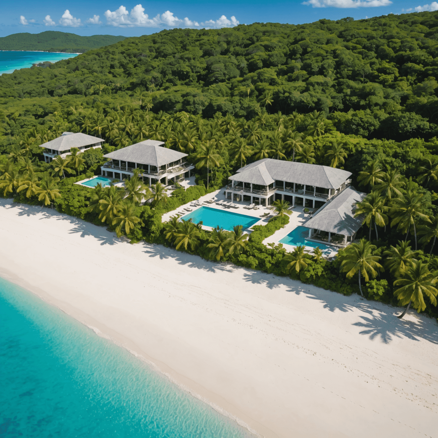 Aerial view of a luxurious Caribbean resort nestled on a pristine white sand beach, surrounded by turquoise waters and lush tropical vegetation