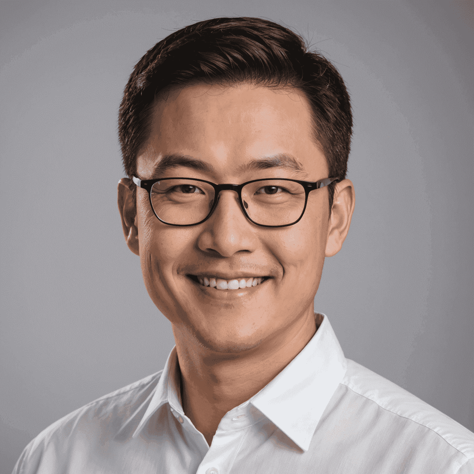 A professional headshot of James Chen, an Asian man in his early 40s with short black hair and glasses, wearing a crisp white shirt and smiling confidently