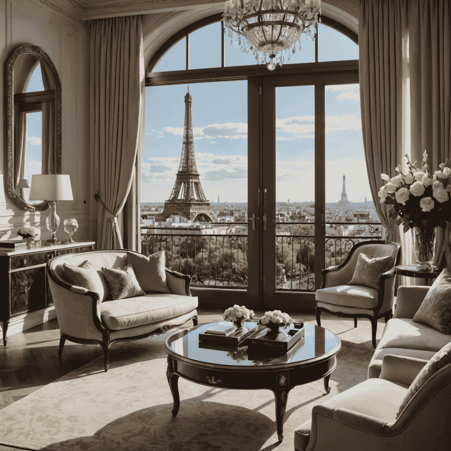 A luxurious Parisian hotel suite with a view of the Eiffel Tower, featuring elegant furnishings, crystal chandeliers, and a balcony overlooking the city skyline