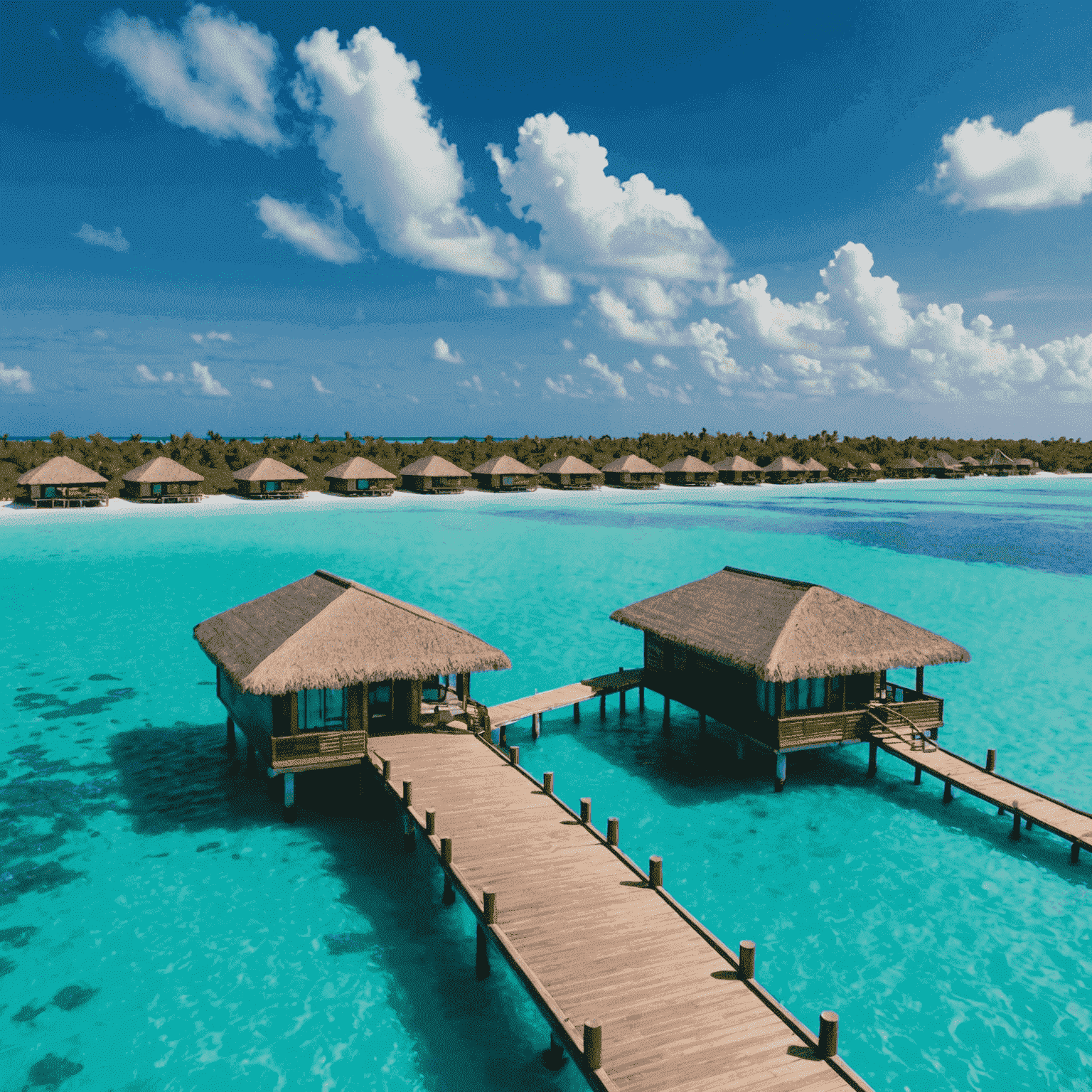 Stunning overwater bungalows in the Maldives with crystal clear turquoise water and a wooden walkway leading to luxurious villas