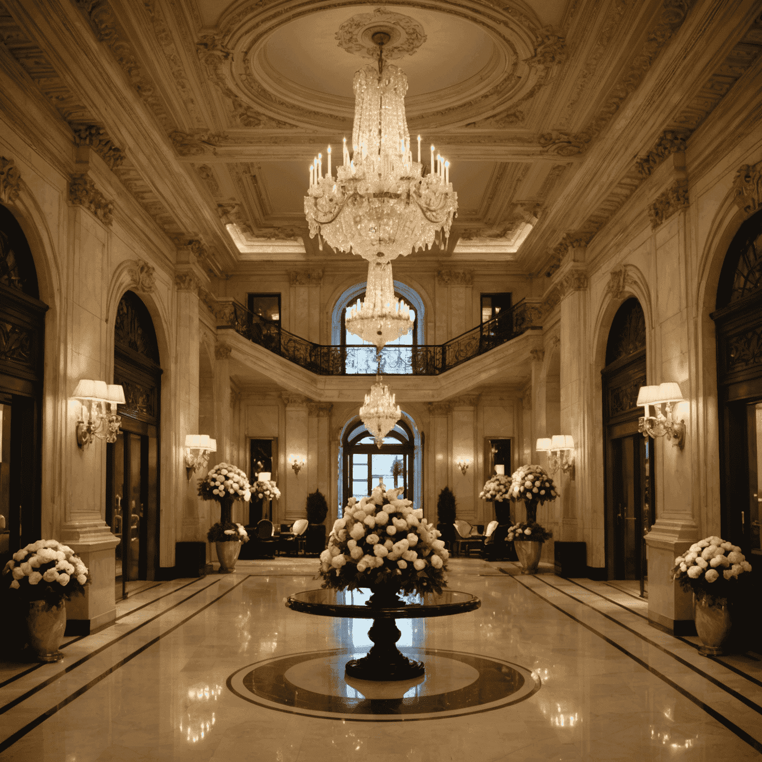 Four Seasons Hotel George V's opulent lobby with crystal chandeliers and floral arrangements