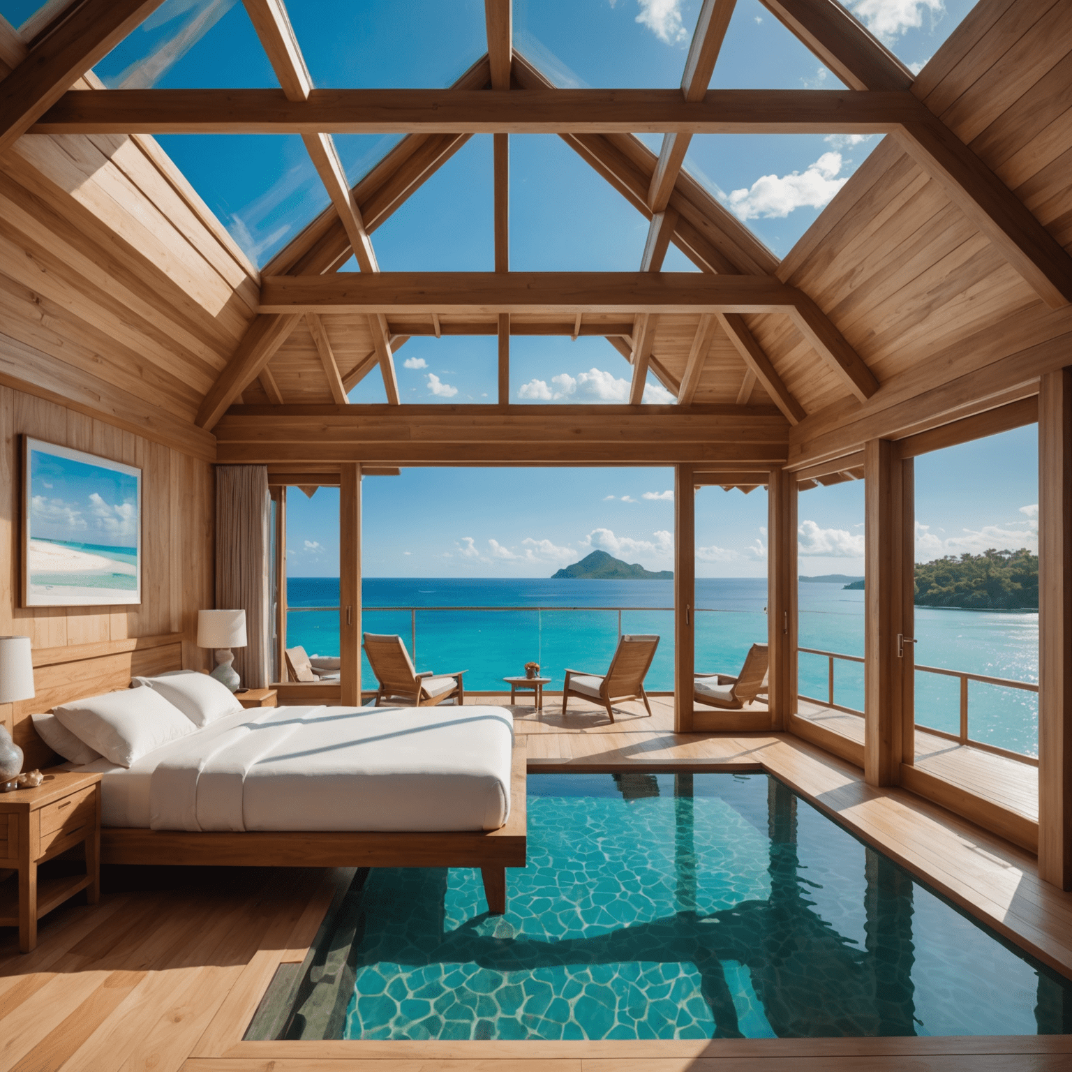 Interior of a luxurious overwater bungalow featuring a glass floor panel, king-size bed, and panoramic ocean views