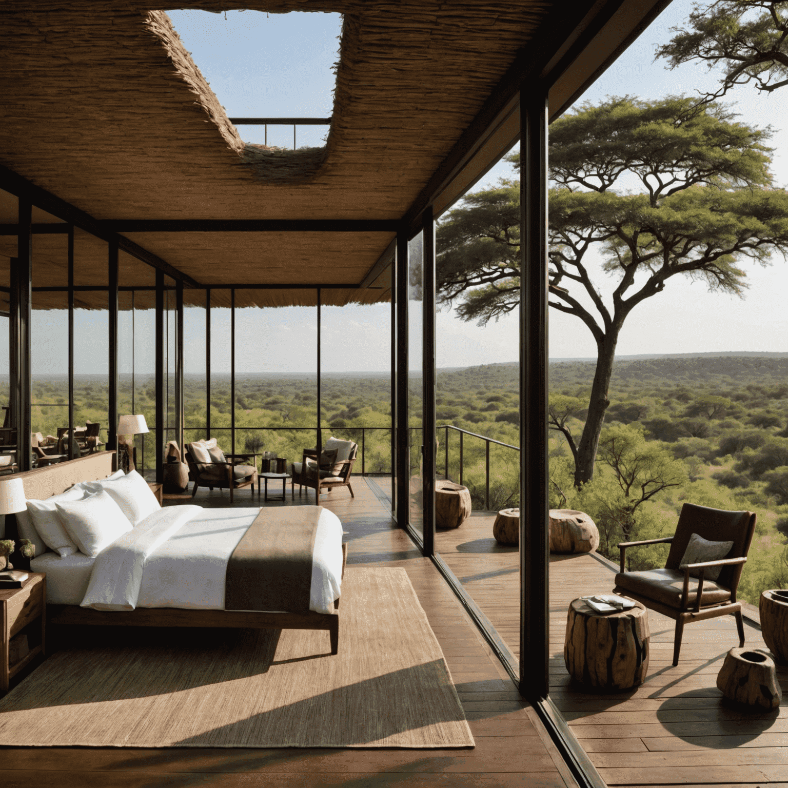 Modern, glass-walled suite at Singita Lebombo Lodge with panoramic views of the African bush