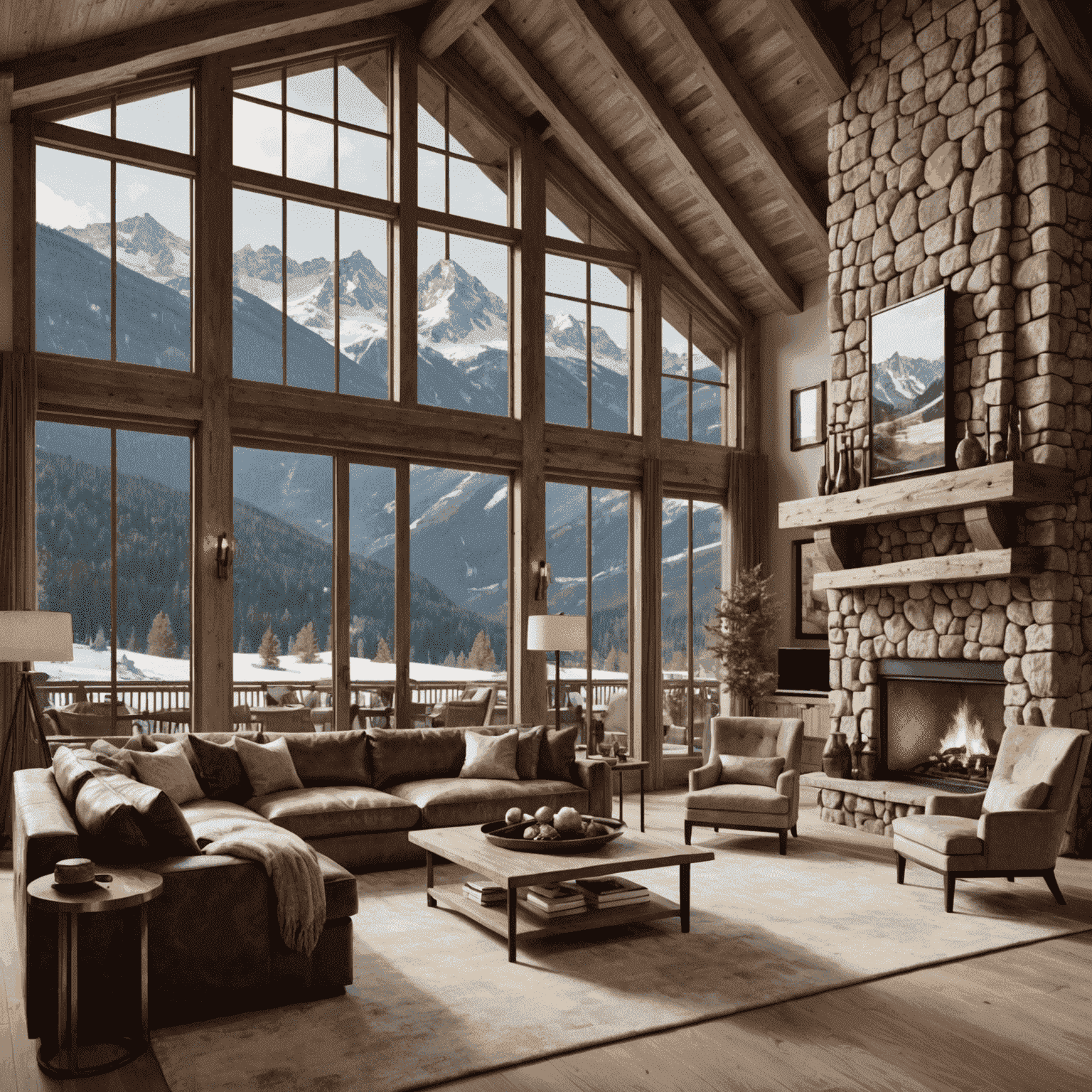 Interior of a luxurious ski chalet living room with floor-to-ceiling windows offering stunning mountain views, a roaring fireplace, and plush, neutral-toned furniture