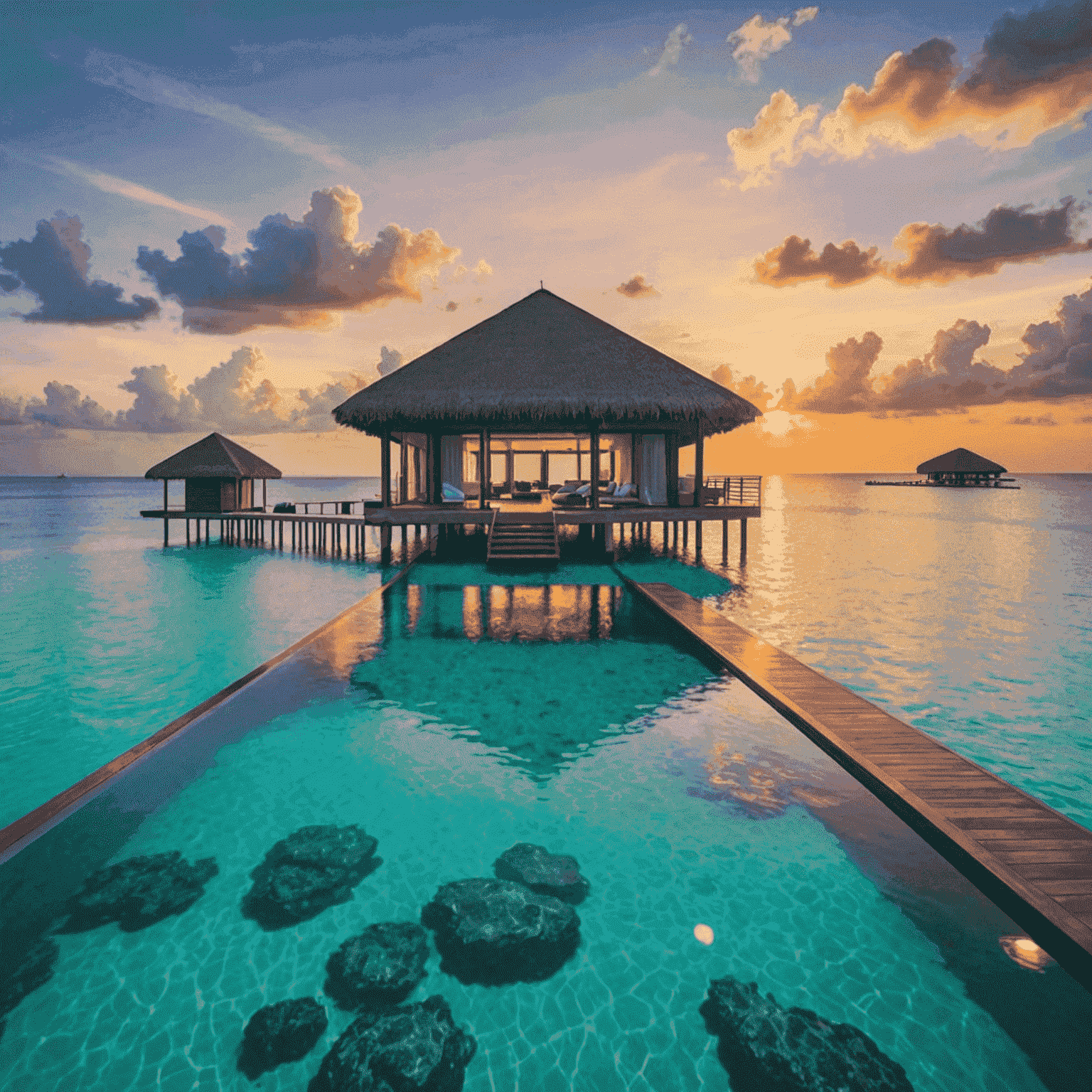 An exclusive overwater villa in the Maldives with a private infinity pool, surrounded by crystal clear turquoise waters and a stunning sunset view