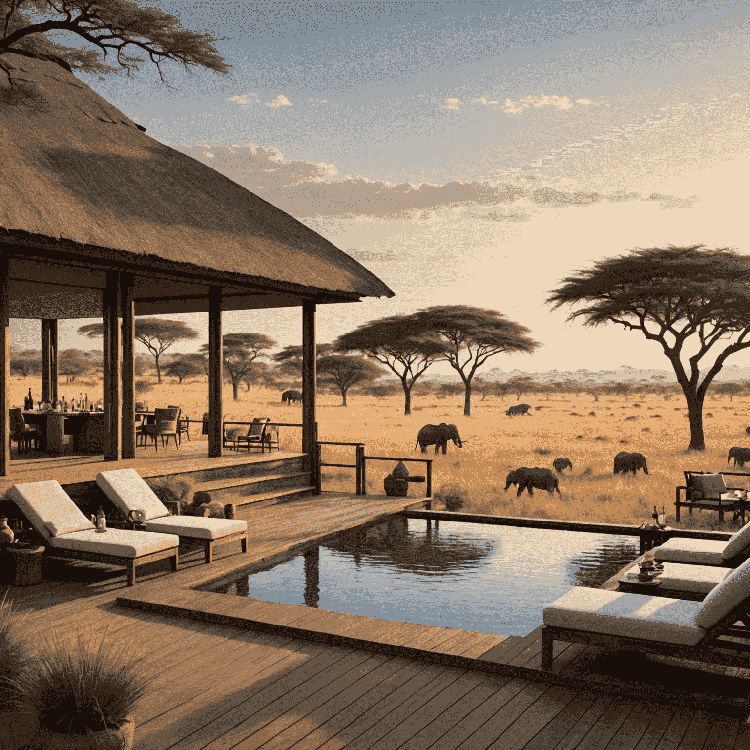 Luxurious safari lodge overlooking a vast savanna with wildlife, featuring a private deck and infinity pool