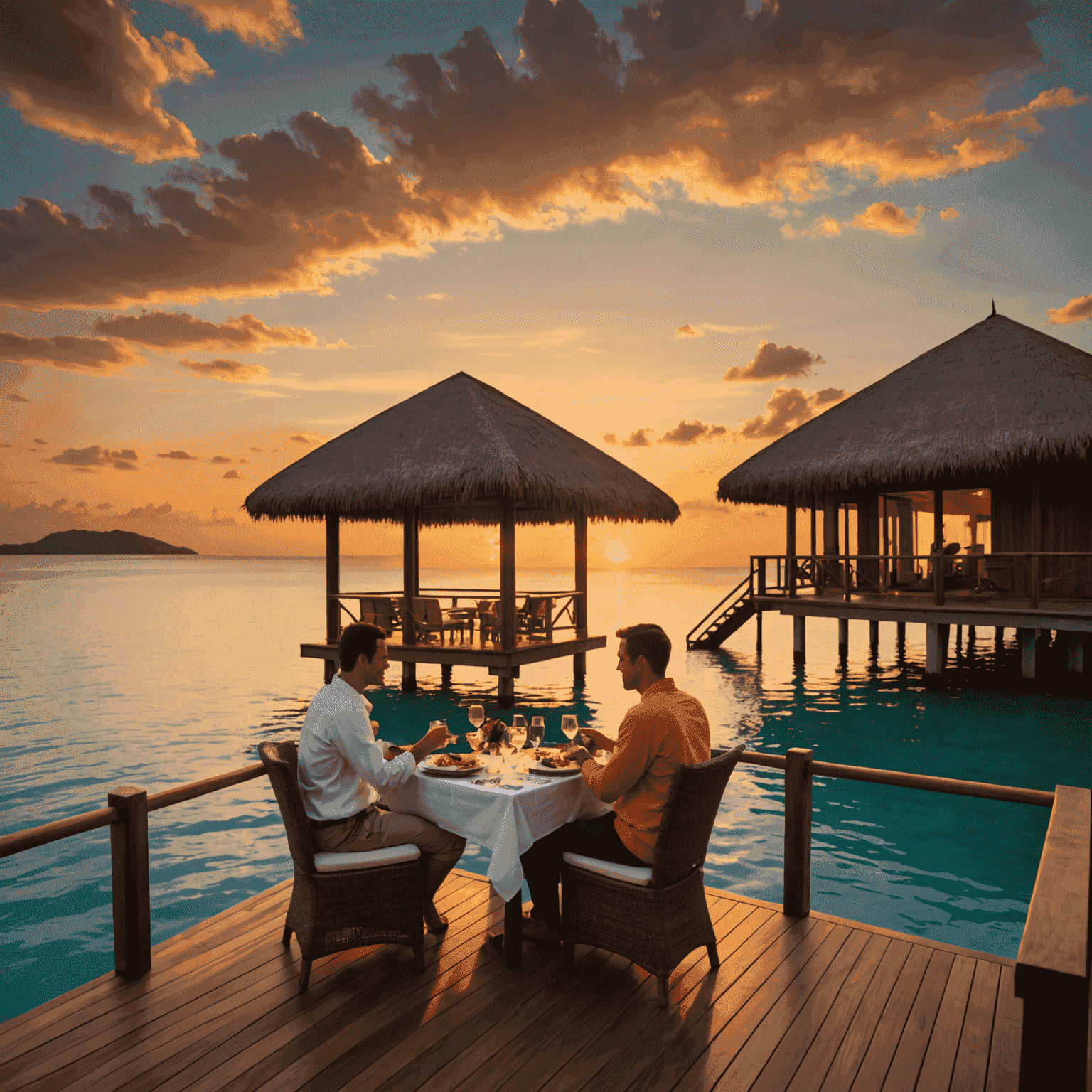 Couple enjoying a romantic dinner on the private deck of their overwater bungalow, with a stunning sunset in the background