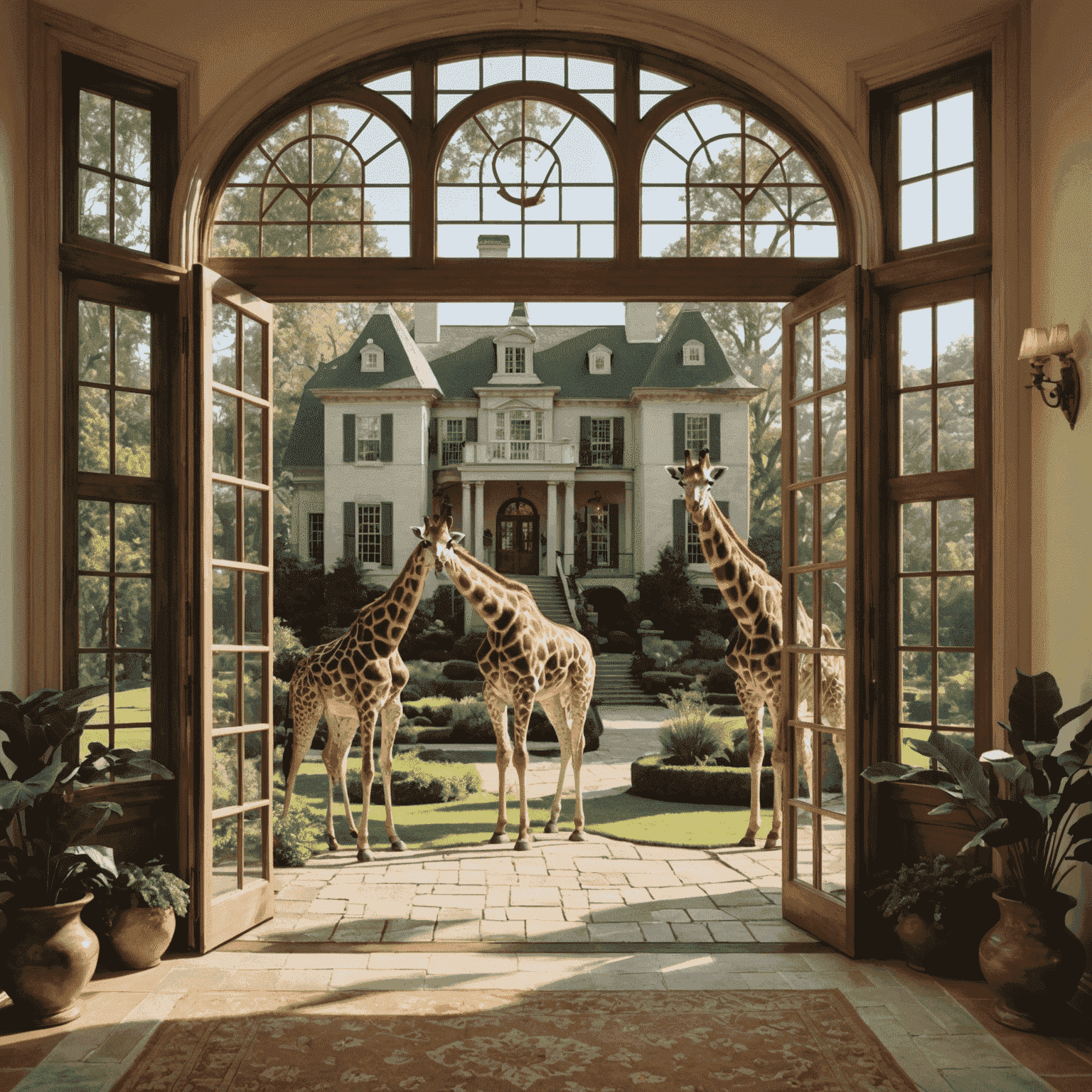 Elegant colonial-style manor with giraffes poking their heads through large windows to greet guests