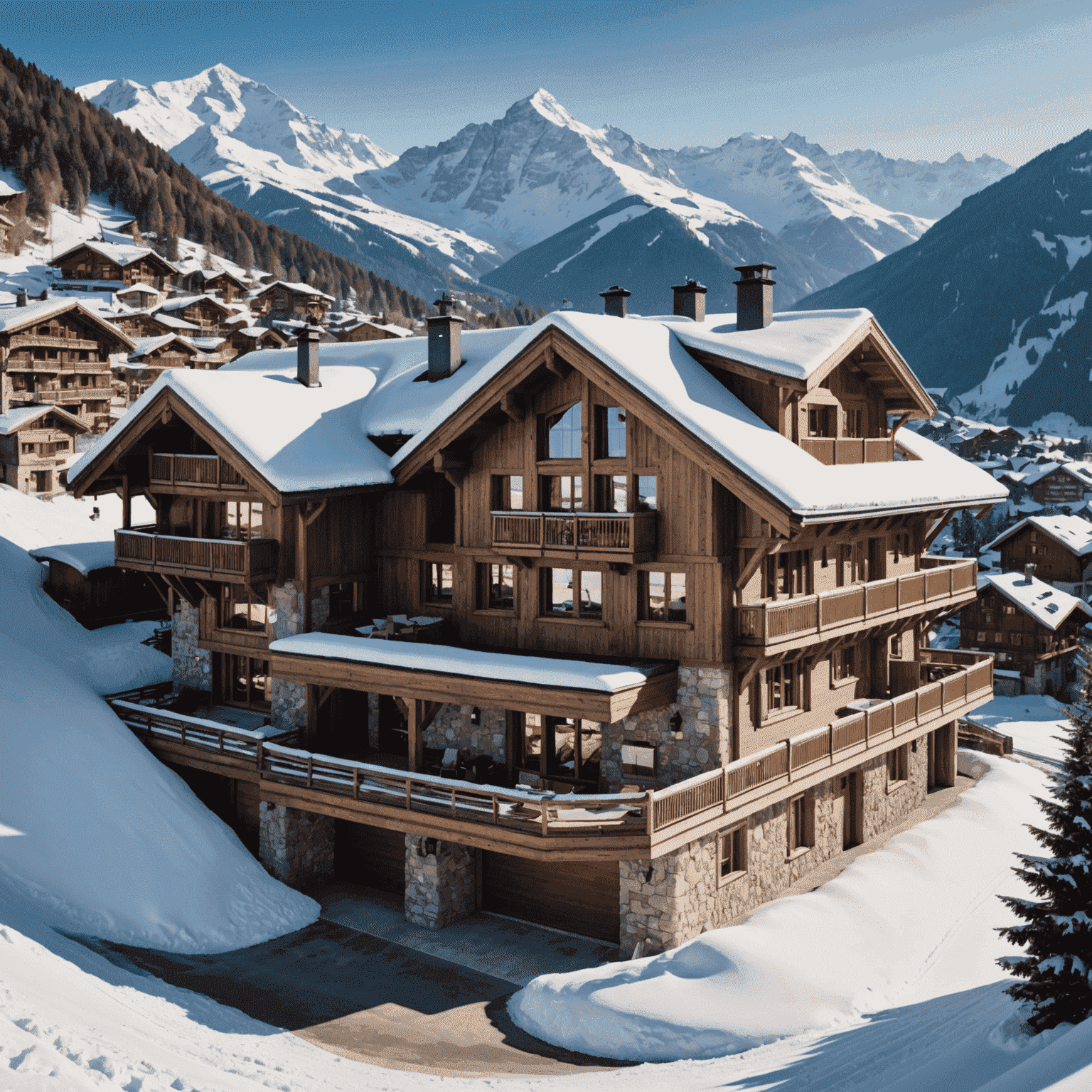 Aerial view of a luxury ski chalet perched on a snowy slope, with ski runs visible in the background and a charming Swiss village in the valley below