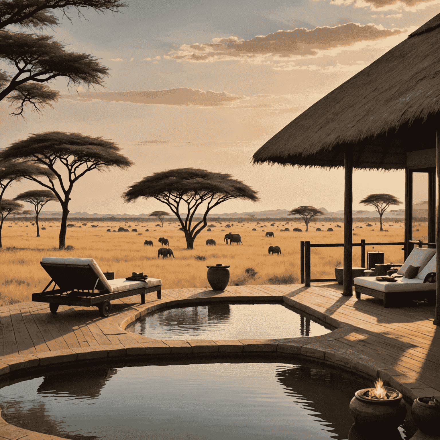 A luxurious safari lodge overlooking a vast African savanna, with a private viewing deck, plunge pool, and wildlife roaming in the distance