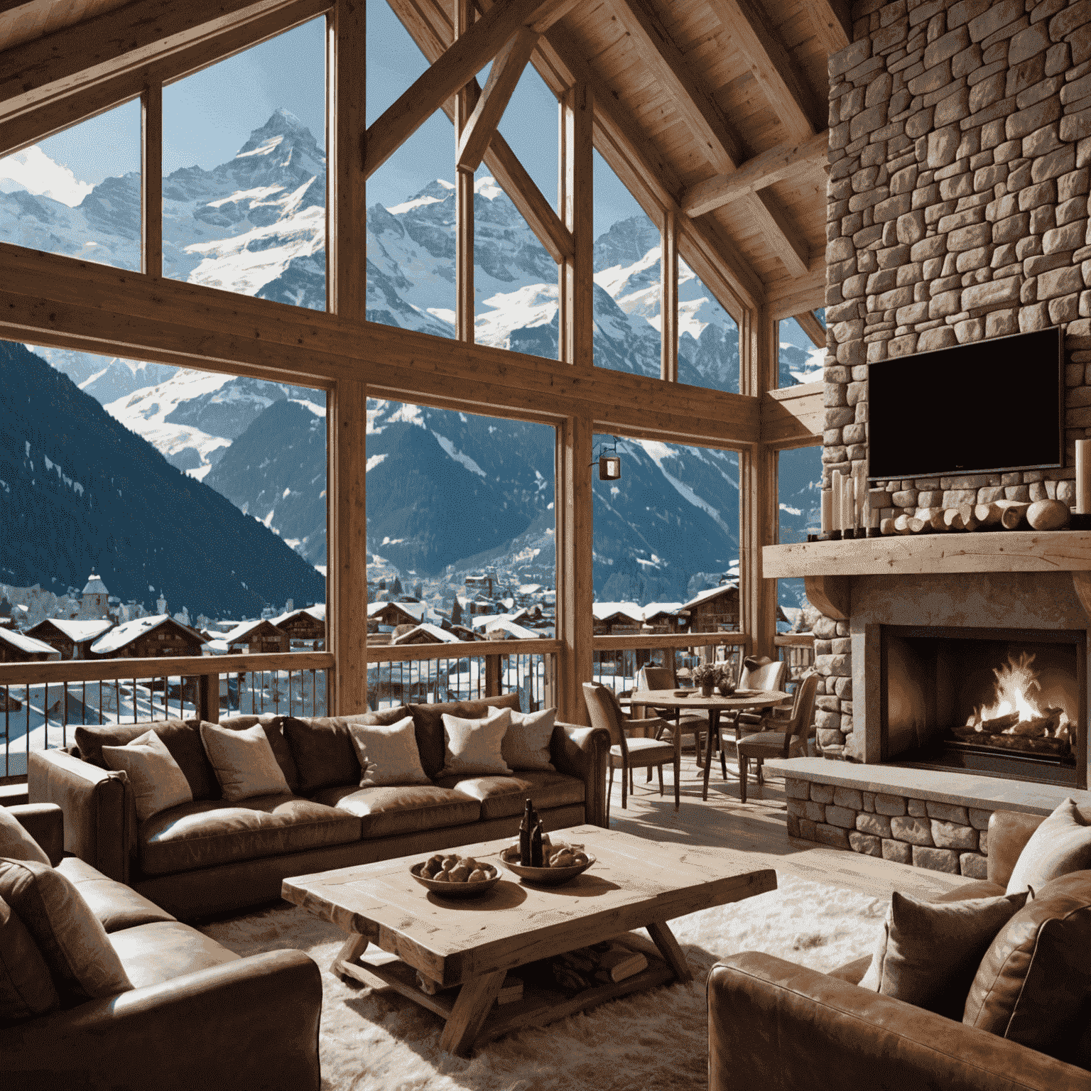 Opulent ski chalet in the Swiss Alps with snow-covered peaks in the background, featuring a cozy fireplace and panoramic windows