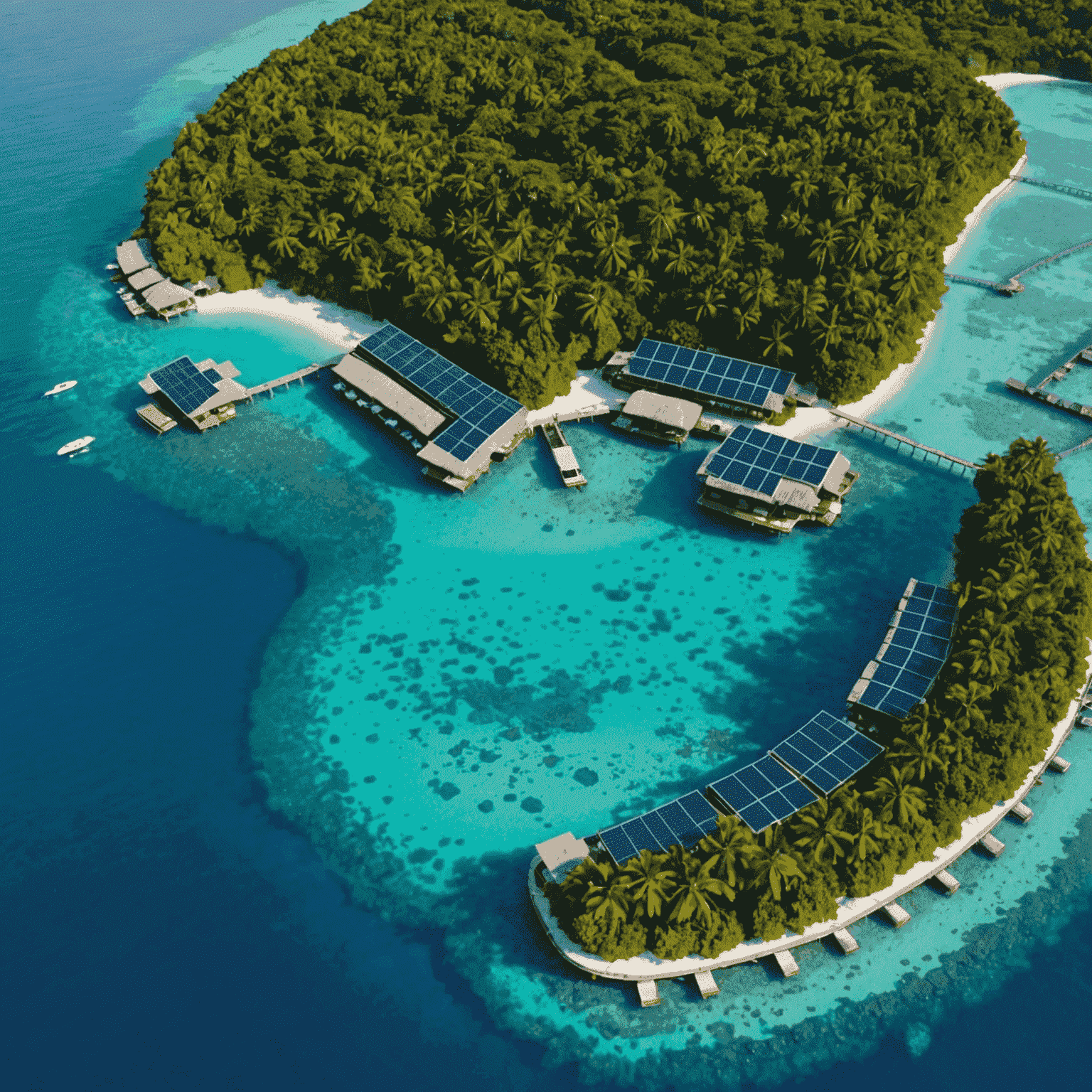 Aerial view of a sustainable luxury resort in the Maldives, showcasing solar panels on overwater bungalows and surrounding coral restoration projects