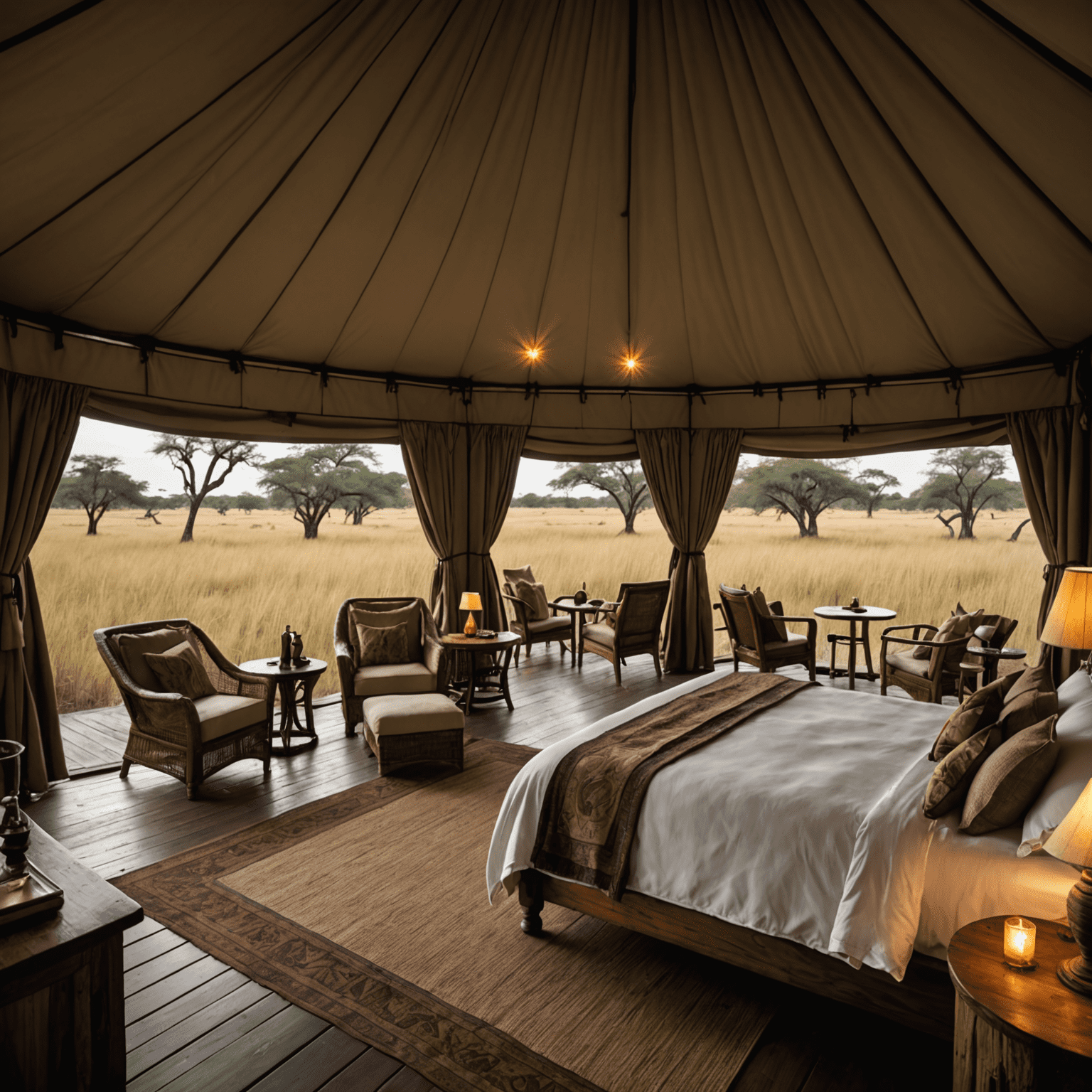 Luxurious tented suite at Mombo Camp with a private deck overlooking the floodplains of the Okavango Delta