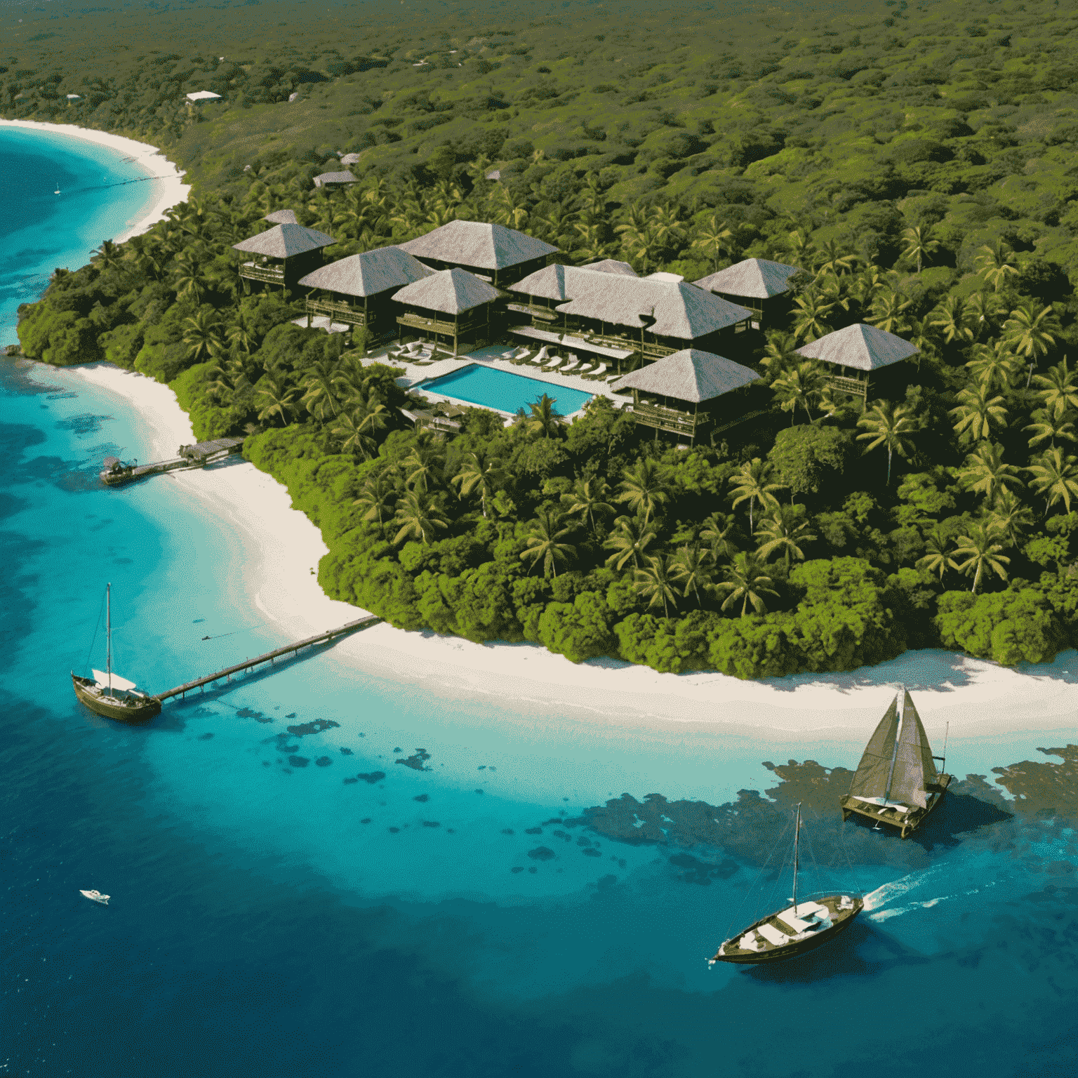 Aerial view of Richard Branson's exclusive Necker Island, showcasing luxurious accommodations, pristine beaches, and lush tropical landscapes