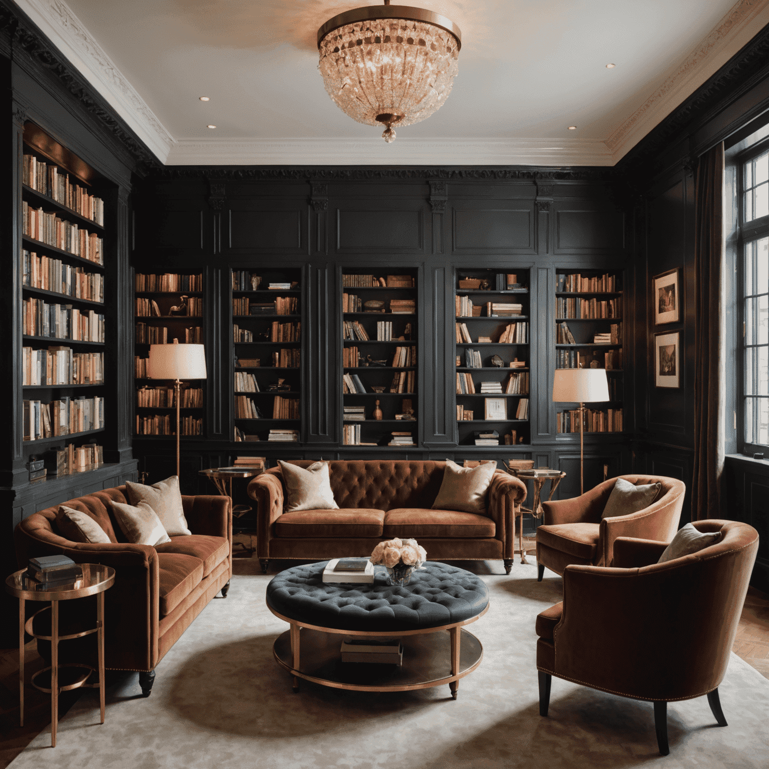 La Réserve's intimate library lounge with plush velvet seating