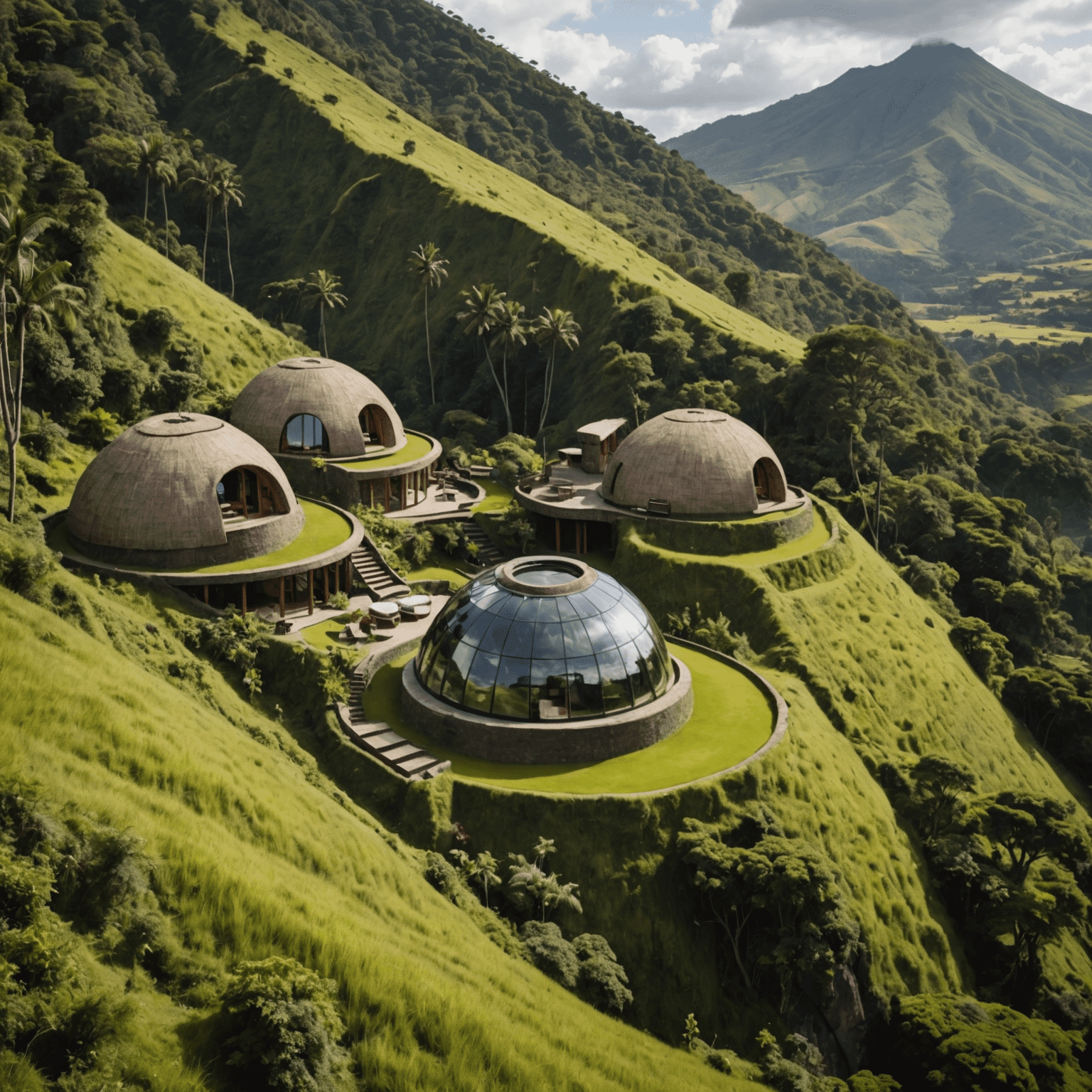 Spherical, thatched villas of Bisate Lodge nestled on the slopes of an extinct volcanic cone