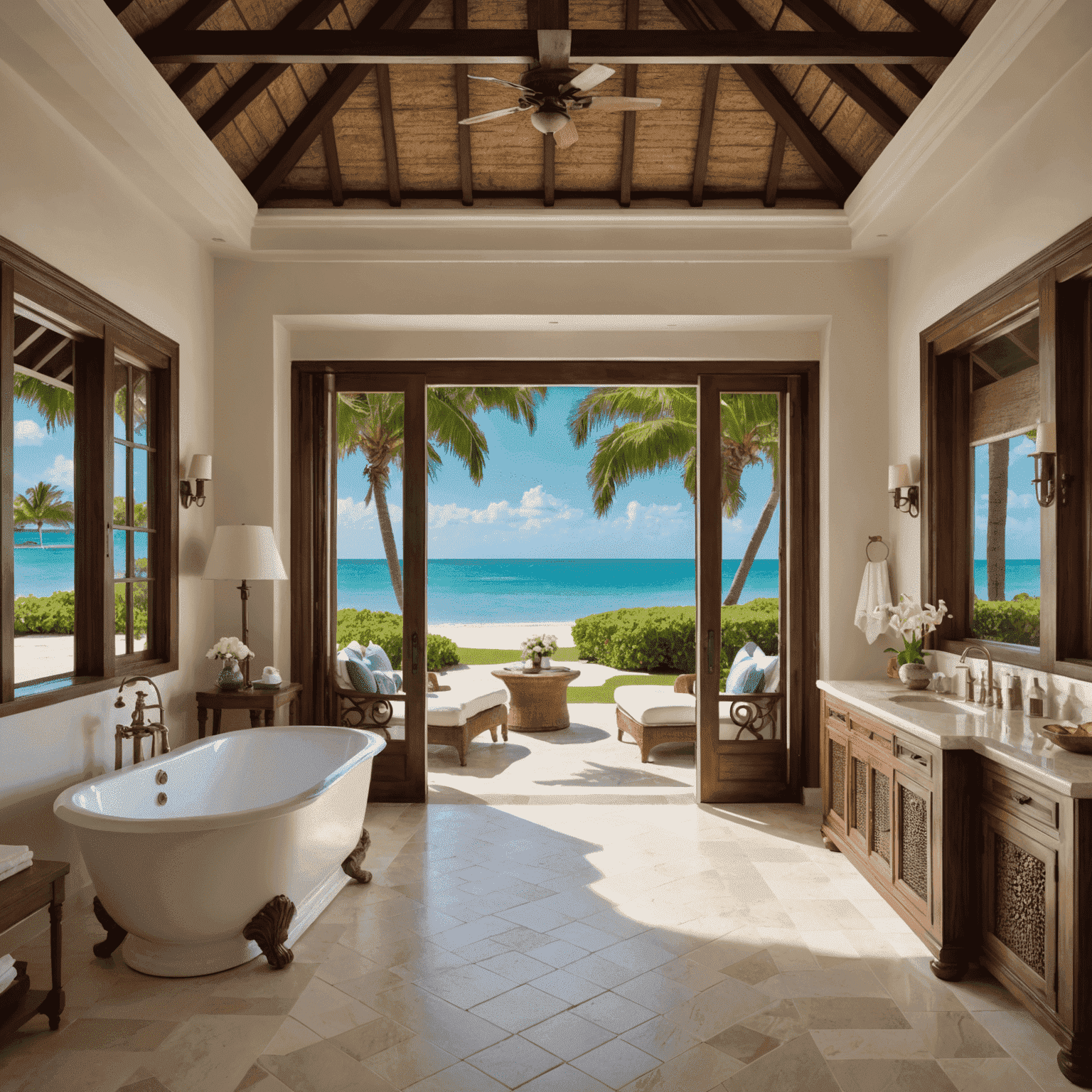 Luxurious beachfront suite at Jumby Bay Island with a private terrace, outdoor bathtub, and direct access to powdery white sand